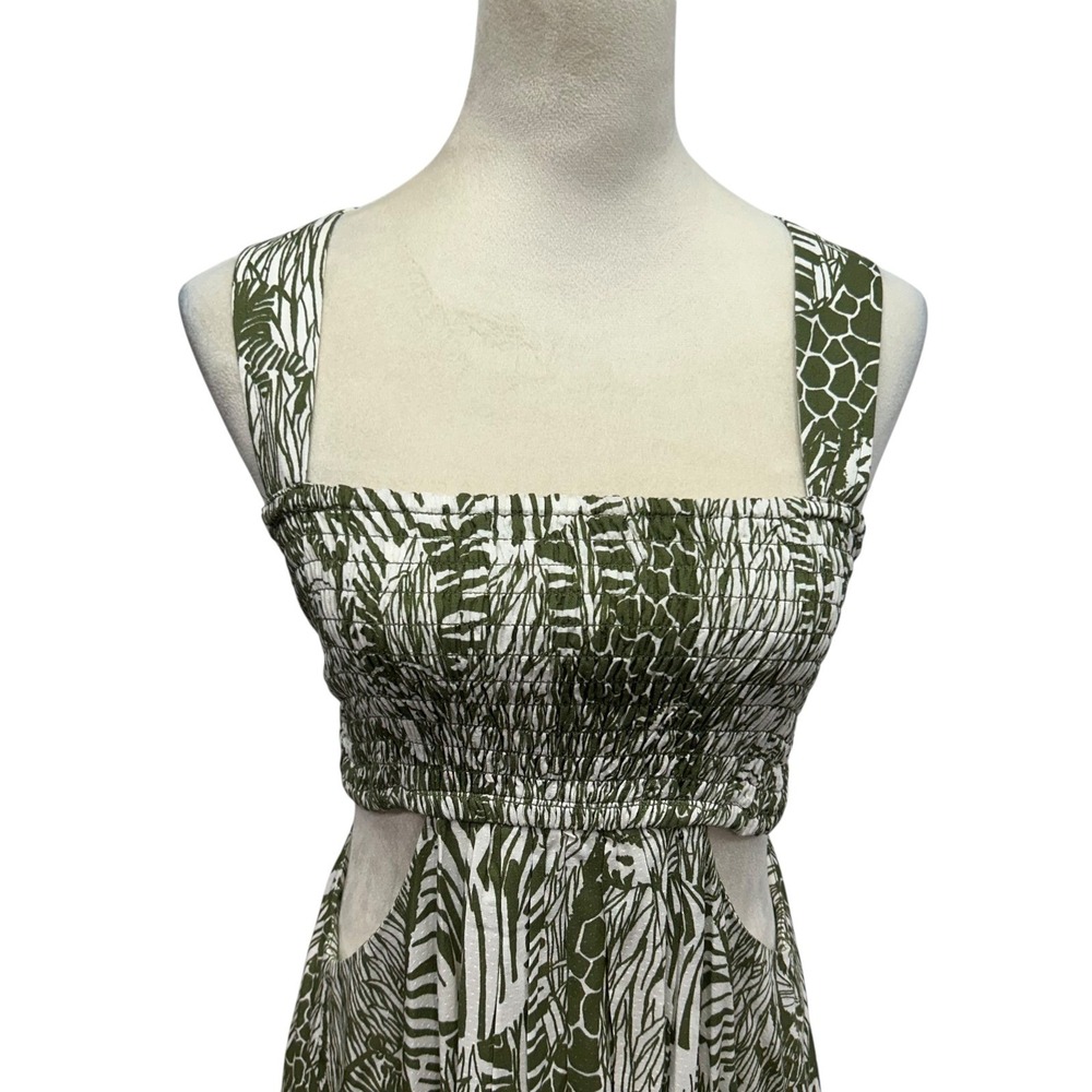 Anthropologie Smocked Cutout Animal Print Mini Dress 6 Green Y2K Boho Costal - Picture 2 of 12